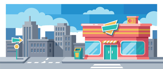 This image portrays a vibrant storefront with playful colors, set against an urban backdrop of buildings, highlighting commercial life and the charm of contemporary shopping districts.