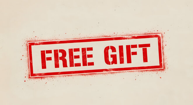 Rough red 'FREE GIFT' stamp graphic with distressed texture and spray paint splatters, announcing a special promotion.