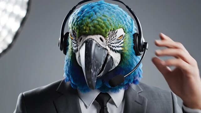A person wearing a vibrant parrot mask and headphones in a business suit