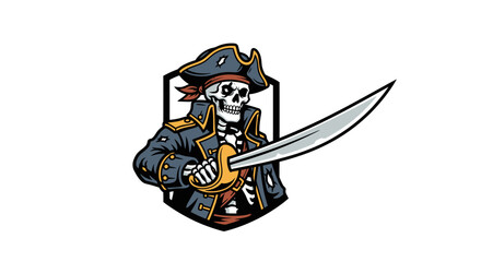 Skeleton Pirate with Cutlass Sword, Emblem, Nautical, Scary, Danger