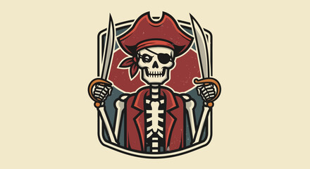 Skeleton Pirate with Swords and Eye Patch - Vintage Emblem