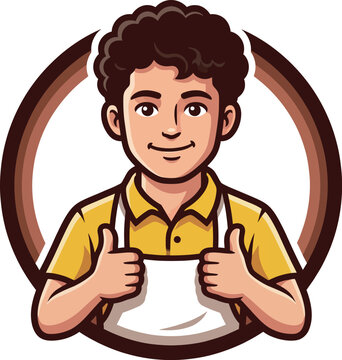 This cheerful young boy in a yellow shirt and apron gives thumbs up, radiating positivity and excitement, perfect for depicting happiness in service-oriented imagery or marketing.