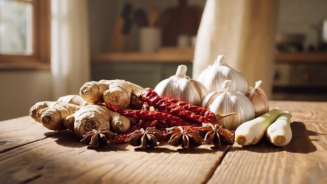 Fresh garlic bulbs and spices arranged on a rustic wooden table near a window in a cozy kitchen