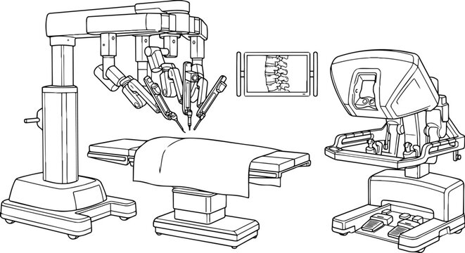 Black and white vector line art illustration of an advanced robotic surgery system featuring a multi-arm surgical robot over an operating table, a surgeon's control console, and a monitor displaying a
