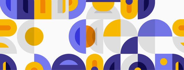 Obraz premium Abstract geometric pattern. Circles, semicircles, arcs create playful design. Yellow, blue, gray dominate composition. Modern aesthetic.