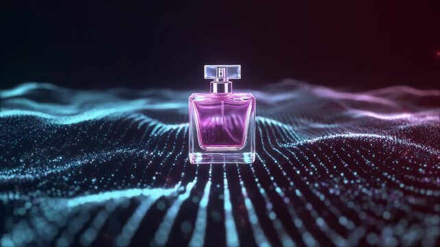 Perfume scent visualized as flowing luminous particles forming abstract landscapes, soft glowing trails suggesting fragrance diffusion in an elegant, cinematic composition.
