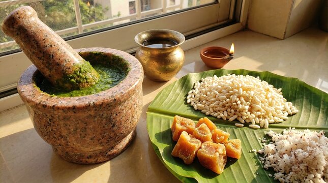 Pink granite mortar and pestle filled with green chutney beside banana leaf plate of puffed rice and jaggery.