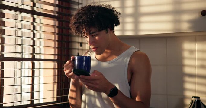 Internet, coffee and man in kitchen, smartphone for social media and online reading. Texting, hot drink and person with connection, home and cellphone for communication and website for entertainment