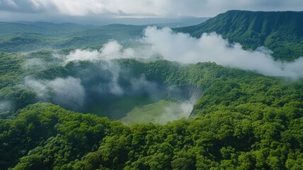 Aerial View of a Volcanic Crater Surrounded by Lush Greenery and Misty Clouds in Nature
