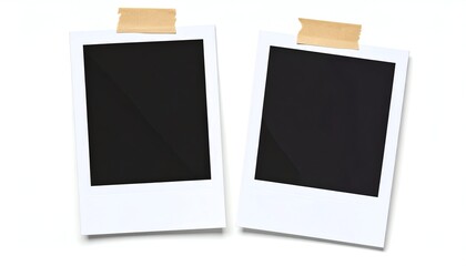 Blank polaroid frames taped memories evoke nostalgia, creativity, and personal storytelling on a clean white background for scrapbooking, design, or presentation.