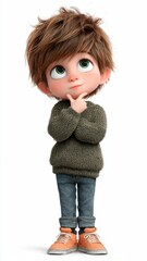 Cute 3D Cartoon Boy Looking Up with Thoughtful Expression Isolated on White Background, Childhood Imagination Concept, Generative AI