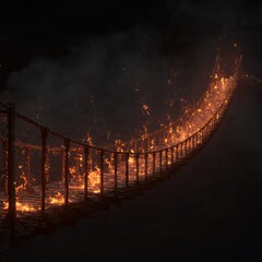  Suspension Bridge Engulfed in Flames at Night, Disaster and Crisis Concept Illustration, Generative AI