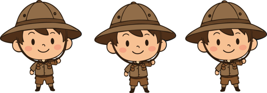 Cute explorer boy cartoon character safari kid adventurer vector illustration isolated collection design set