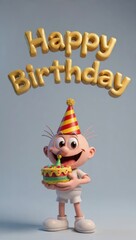 Cute 3D Baby Boy Holding Birthday Cake with Happy Birthday Text on White Background, Vertical Greeting Card Design, Generative AI