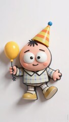  Cute 3D Cartoon Baby Boy Holding Yellow Balloon Wearing Party Hat Isolated on White Background, Birthday Celebration Character, Generative AI