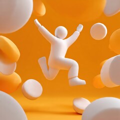 3D White Character Jumping in Joy on Orange Background with Abstract Floating Shapes, Celebration and Achievement Concept, Generative AI