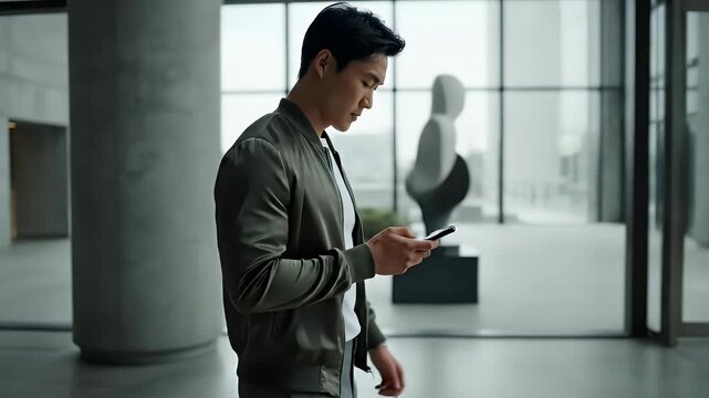 Young man checking his smartphone in a modern office lobby with contemporary art in the background