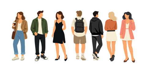 cartoon young people posing isolated white background illustration