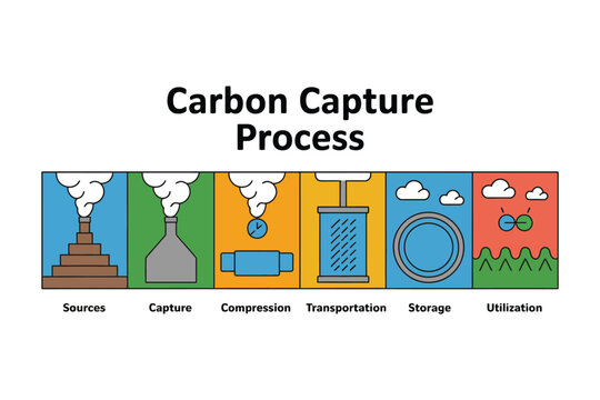 Illustration of the carbon capture process with six distinct stages.