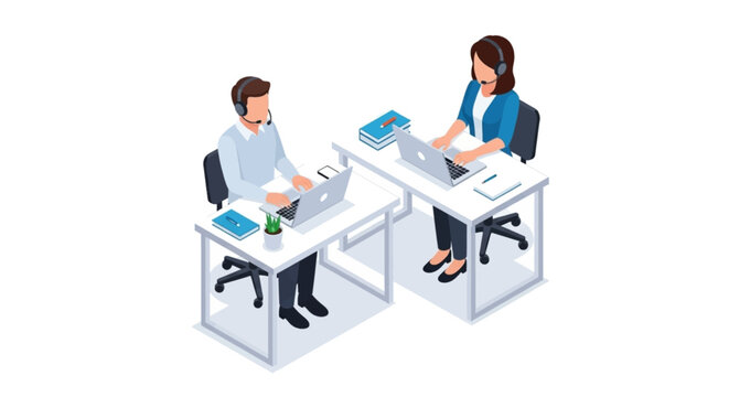 Customer support team working on laptops with headsets in an isometric illustration style providing online assistance and helpdesk service