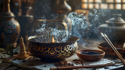 Elegant ceremonial incense bowl with elaborate gold filigree for spiritual rituals and decor