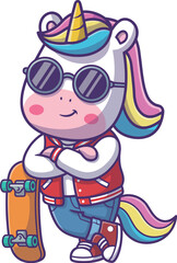 Fototapeta premium An artistic depiction of a cool unicorn character wearing sunglasses and holding a skateboard, exuding confidence, style, and a contemporary vibe in a playful way.