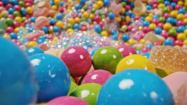 Brightly colored bubble gum balls and candies arranged together forming a sugary landscape