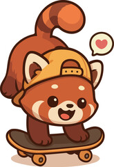 Fototapeta premium This vibrant illustration showcases a playful red panda on a skateboard, wearing a cap and expressing joy. A fun depiction of activity, perfect for kids and playful themes.