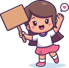 A delightful illustration of a girl waving with a blank sign, reflecting joy and creativity, perfect for children's themes, education, or marketing.