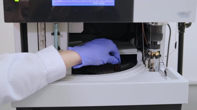 Close up of blonde woman in lab coat placing vials in HPLC system. Chromatography analysis, pharmaceutical lab and scientific research concept.