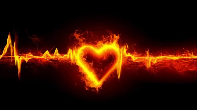 Glowing heart silhouette burning with fire integrated into heartbeat pulse line on dark background. Concept of cardiovascular disease, life energy, love and medical emergency