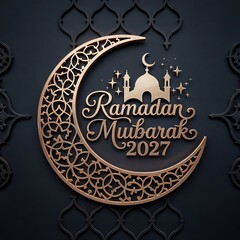 Ramadan Mubarak 2027 Luxury Golden Crescent Moon With Islamic Mosque Design Transparent Background