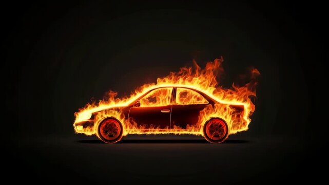 Silhouette of car completely engulfed in bright orange fire on black background. Concept of car accident, vehicle insurance, arson and transportation danger