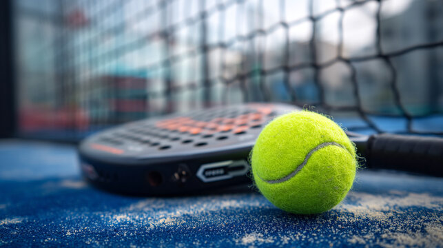 A neon green tennis ball and black paddle on a blue court
