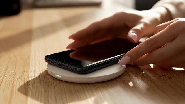 Placing a smartphone on a wireless charging pad for convenient and cable-free power replenishment
