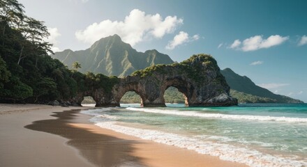 Arched rock on beach with lush mountain backdrop