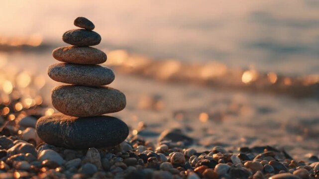 Stacked stones tower near the shore small pebbles below with a blurry horizon