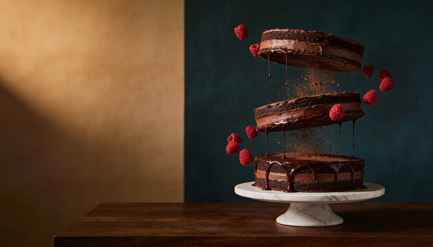Floating Chocolate Cake Layers Gravity Defying Ganache Raspberries Dark Teal Wall Copy Space