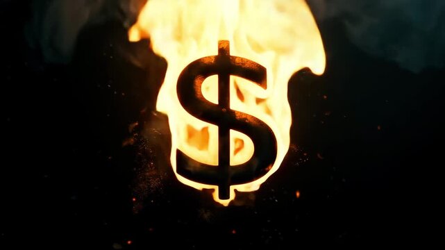 Burning dollar sign on black background. Concept of financial crisis