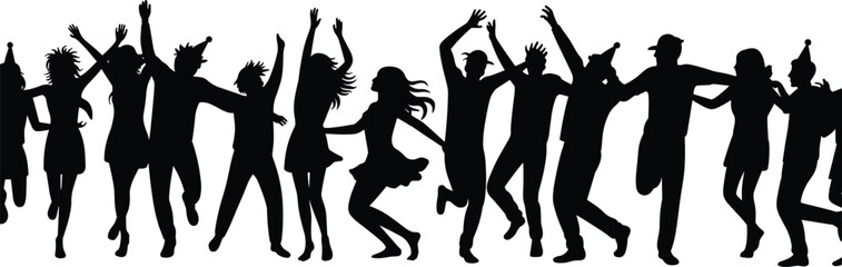 Black silhouettes of people dancing with raised arms party hats celebration
