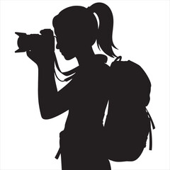 Silhouette of person taking photograph with camera over shoulder in outdoor setting