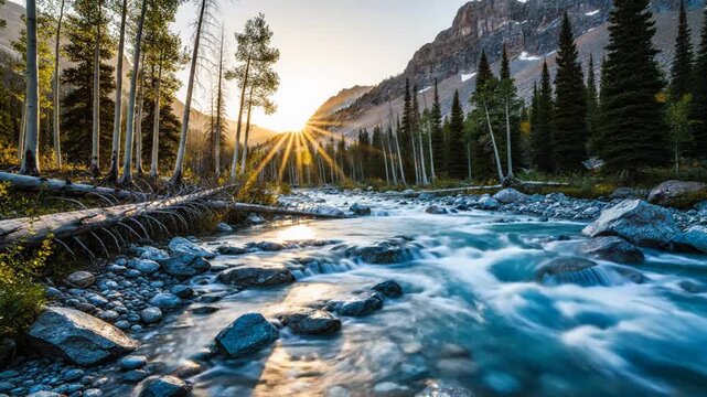 Scenic mountain river flowing through forest with sunburst shining down at sunrise for meditation