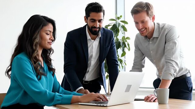 Diverse Business Professionals Collaborating on Laptop in Modern Office Setting, Discussing Project Strategy and Ideas for Success and Growth