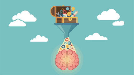 This imaginative illustration depicts a brain being filled with tools and light bulbs, representing innovation and creativity in problem-solving and idea generation. © Yu