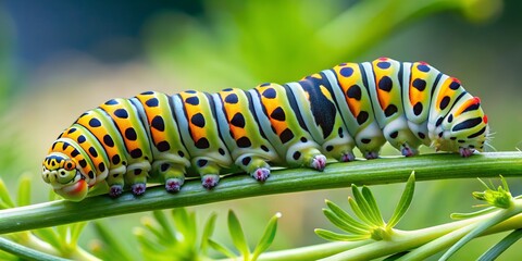 Fototapeta premium Close-up of a Beautiful Swallowtail Caterpillar on Green Leaves 