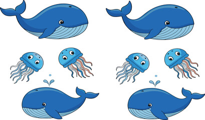 Cute whale and jellyfish cartoon collection with funny marine animals ocean vector illustration isolated design set © Sumon Creative