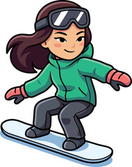 Obraz premium A cheerful girl enjoying snowboarding down the slopes. Her vibrant green jacket and stylish goggles enhance her excitement as she glides effortlessly across the snow.