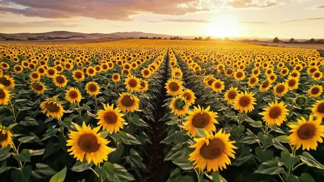 Vast sunflower field bathed in golden sunset light, showcasing the beauty of summer agriculture