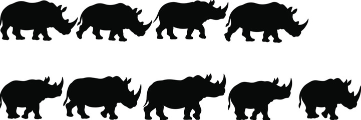 Rhinoceros silhouette collection, African rhino walking standing wildlife animals isolated on white background, safari flat vector illustration © Mahamudul Creatives
