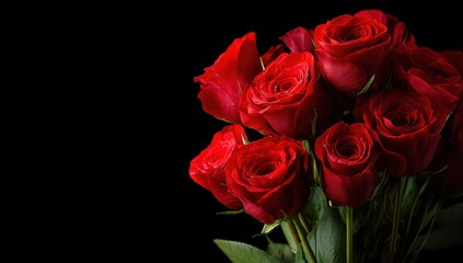 Obraz premium Red roses bouquet on black background with copy space